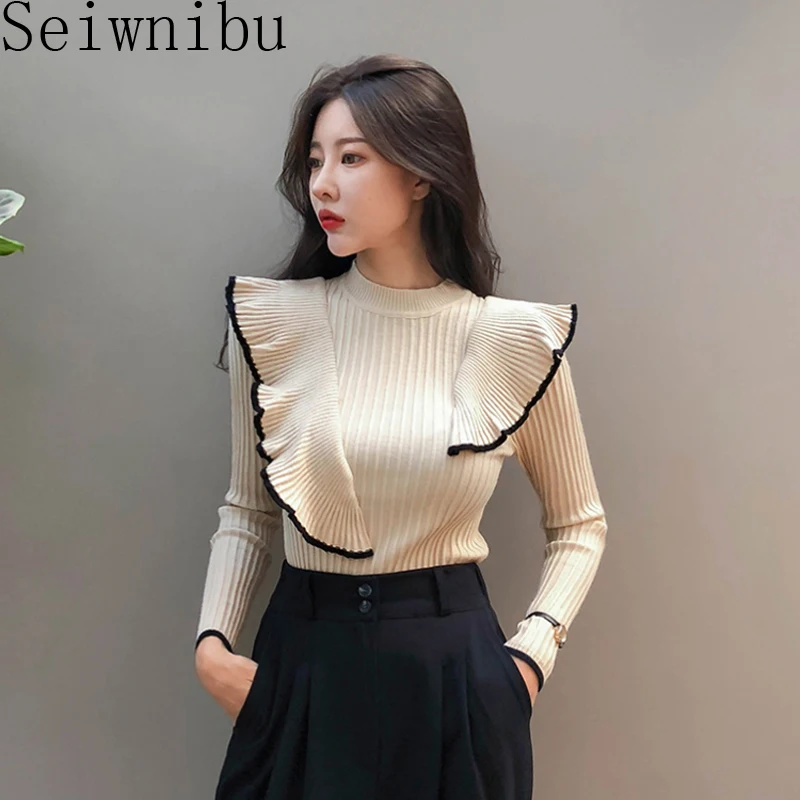 Женский трикотажный пуловер с оборками универсальный свитер и листьями лотоса