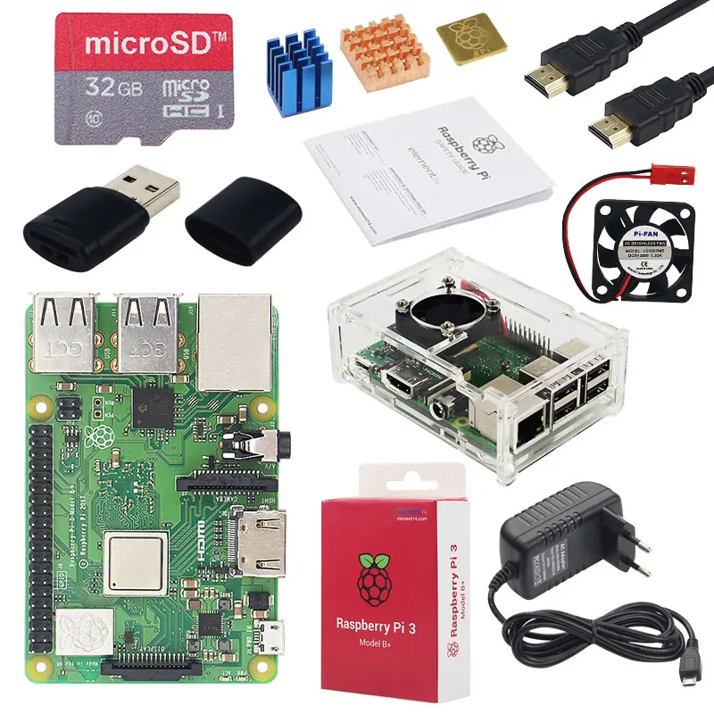 Комплект 5 Комплект Raspberry Pi 3 Model B+ Plus из Великобритании+ сенсорный экран 3,5 дюйма+ чехол+ питание+ 32 Гб SD+ HDMI+ радиатор+ usb-кабель - Комплект: Комплект 5