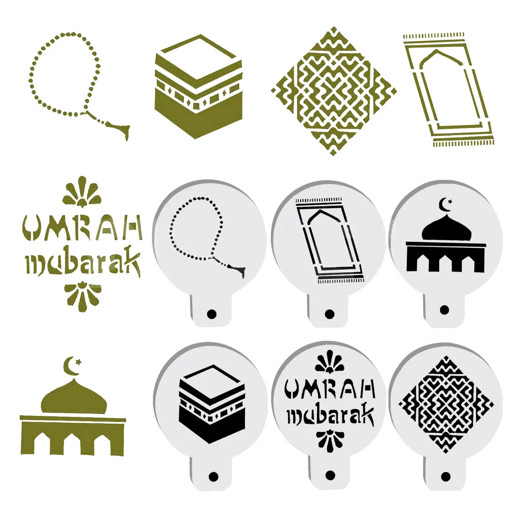 

6pcs Cake West Point Baking Mould Coffee Latte Shape Hollow Icing Sugar Sieve Tool Eid Mubarak Ramadan Supplies Plastic Props