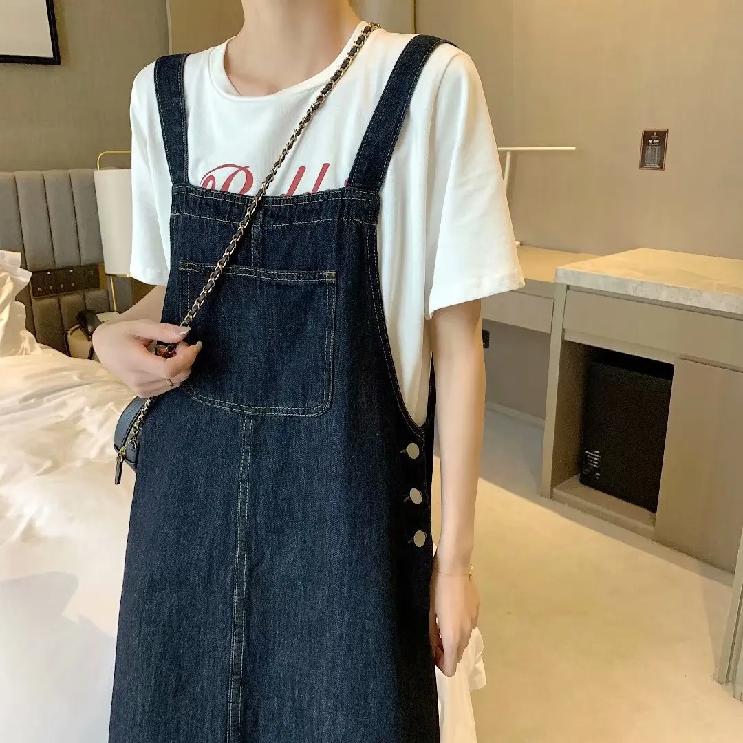 

Autumn2020 Women Loose Denim Dress Pockets Stitching Denim Dress Female Spaghetti Strap Vintage Dresses T1789