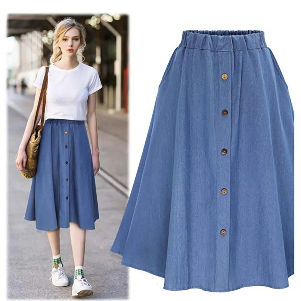 

Fashion Korean Preppy Style Denim Skirts Women Solid Color Long Skirt Nature Waist Female Big Hem Casual Button Jean Skirt