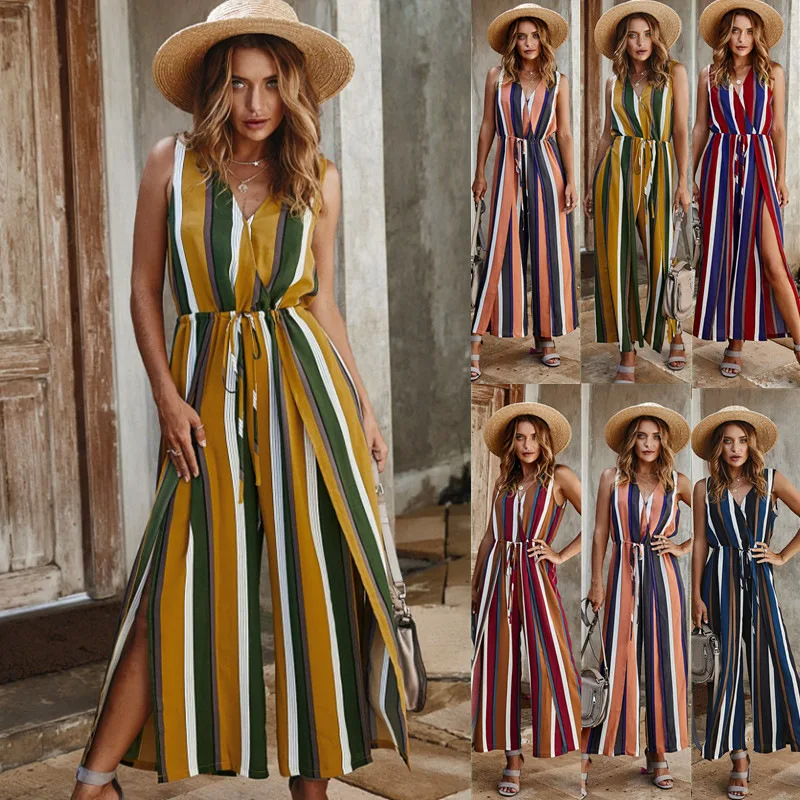 Boho Summer Sexy Elegant Sleeveless Jumpsuit Rompers Women Casual Striped Beach Paety High Split Wide Leg Pants Overalls Female plus button front striped wide leg cami jumpsuit