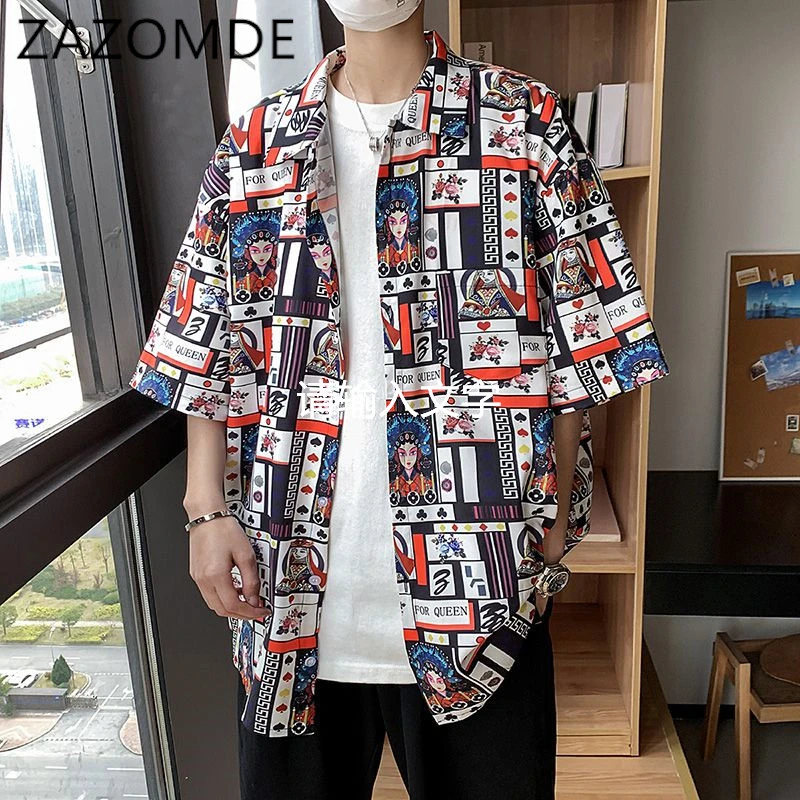 ZAZOMDE New Graffiti Pattern Mens Shirt Tops Playing Cards Printed Male Blouse Casual Half Sleeve Summer Floral Shirts | Мужская одежда