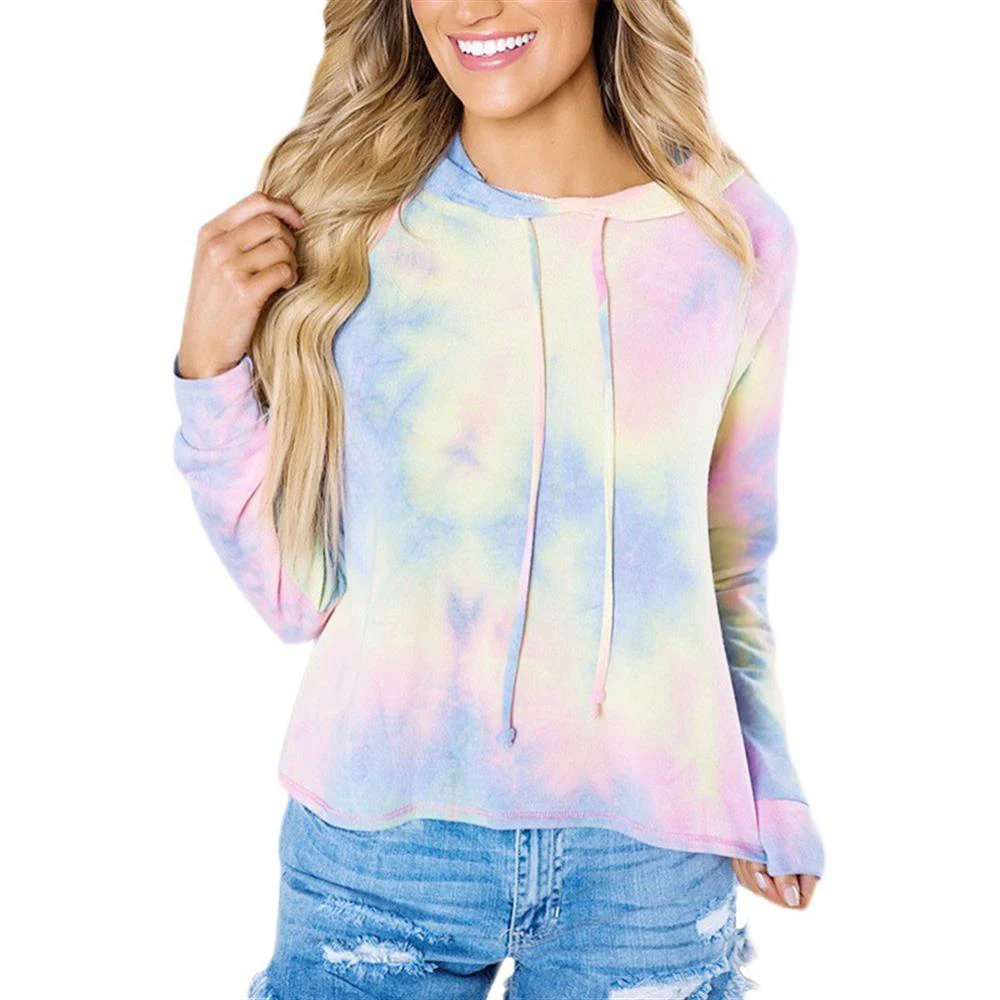 

Милые толстовки Tie-dye с капюшоном на шнуровке, Универсальный спортивный свитшот на весну и осень, женские модные повседневные толстовки, топ...
