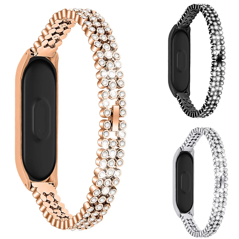 Ремешок из нержавеющей стали для Xiaomi Mi Band 3 4 металлический браслет с кристаллами