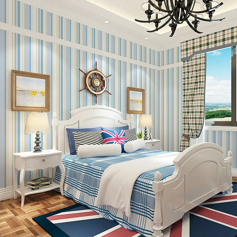 

Mediterranean Blue Wallpaper Vertical Stripes Non-woven Wallpaper Living Room Bedroom Background Simple Modern Striped Wallpaper
