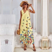 vacation style v neck butterfly print sleeveless fashion ladies dress spring summer 2021 new casual high waist female dress