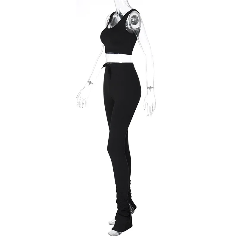 

HAWTHAW women summer casual soild color crop tank top long stackedpant skinny outfits tracksuit two piece matching sets