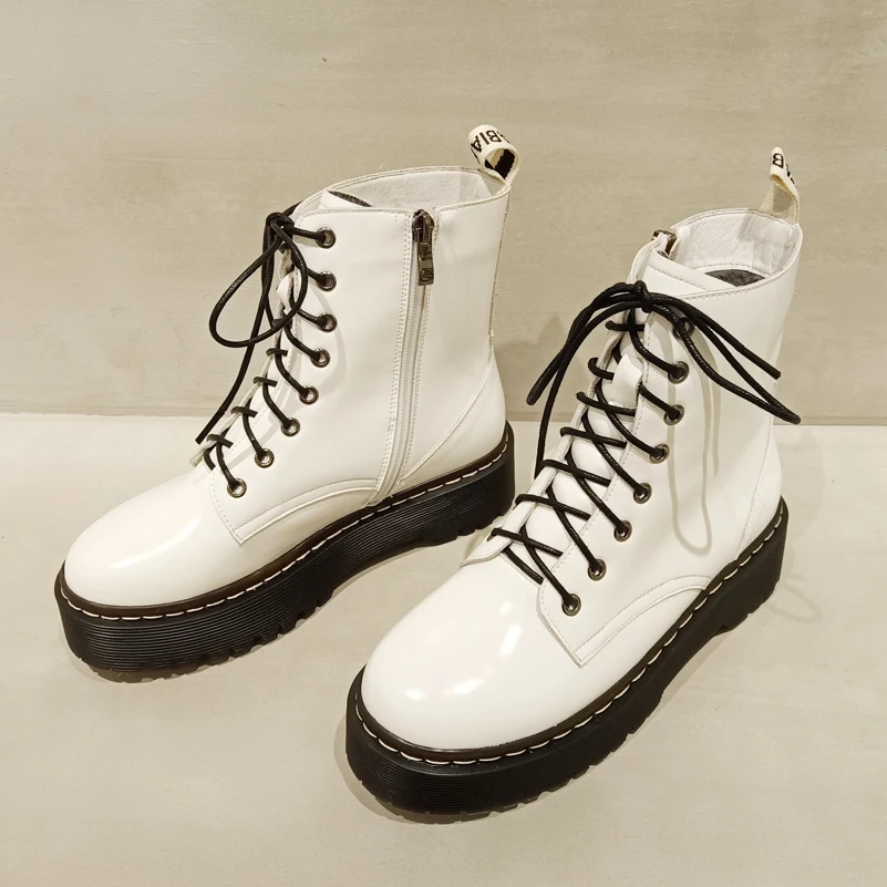 

FOREADA Real Leather Motorcycle Boots Real Wool Mid Heel Ankle Boots Lace Up Women Shoes Zip Platform Block Heel Short Boots 42