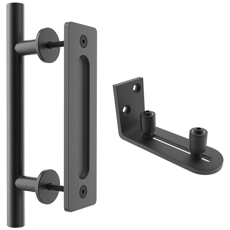 

12 inch Sliding Barn Door Handle Pull and Flush Hardware Set with Barn Door Floor Guide, Rustic Black (1 Set)