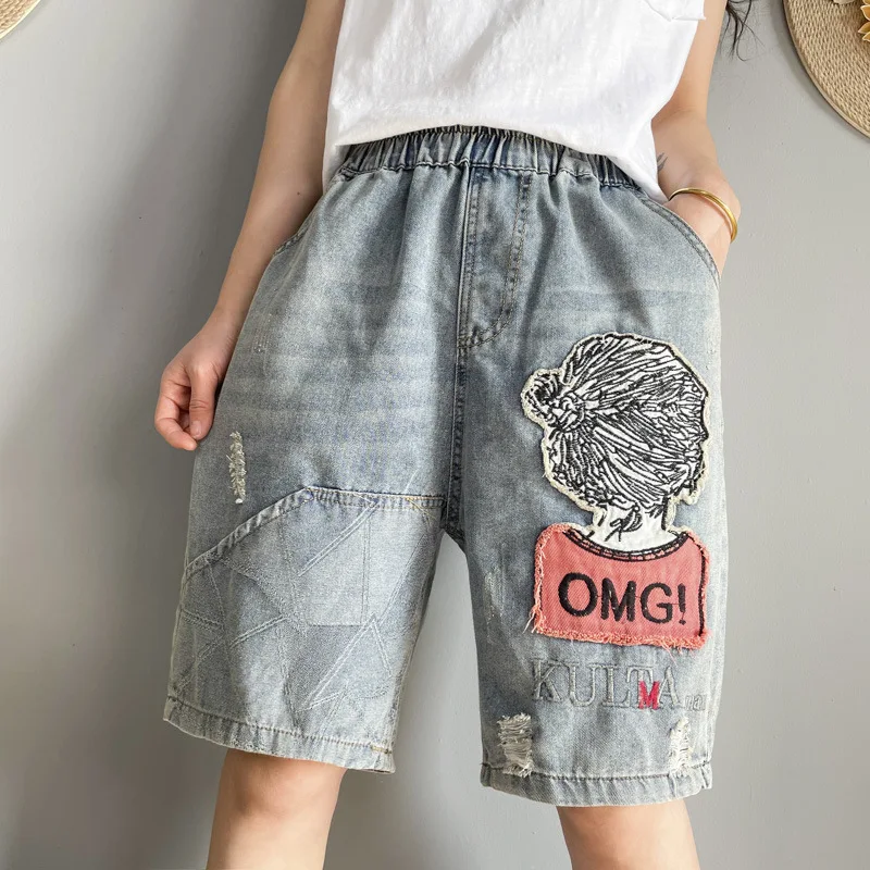 

Korean Women Baggy Shorts Jeans Streetwear High Waist Denim Shorts Girl Teen Cartoon Embroidery Ripped Distressed Jeans Pants
