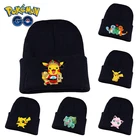 Черные Зимние шапки для женщин и мужчин с аниме покемоном Пикачу облегающие шапки вязаная однотонная крутая шапка Осенняя Женская облегающая теплая шапочка Повседневная шапка