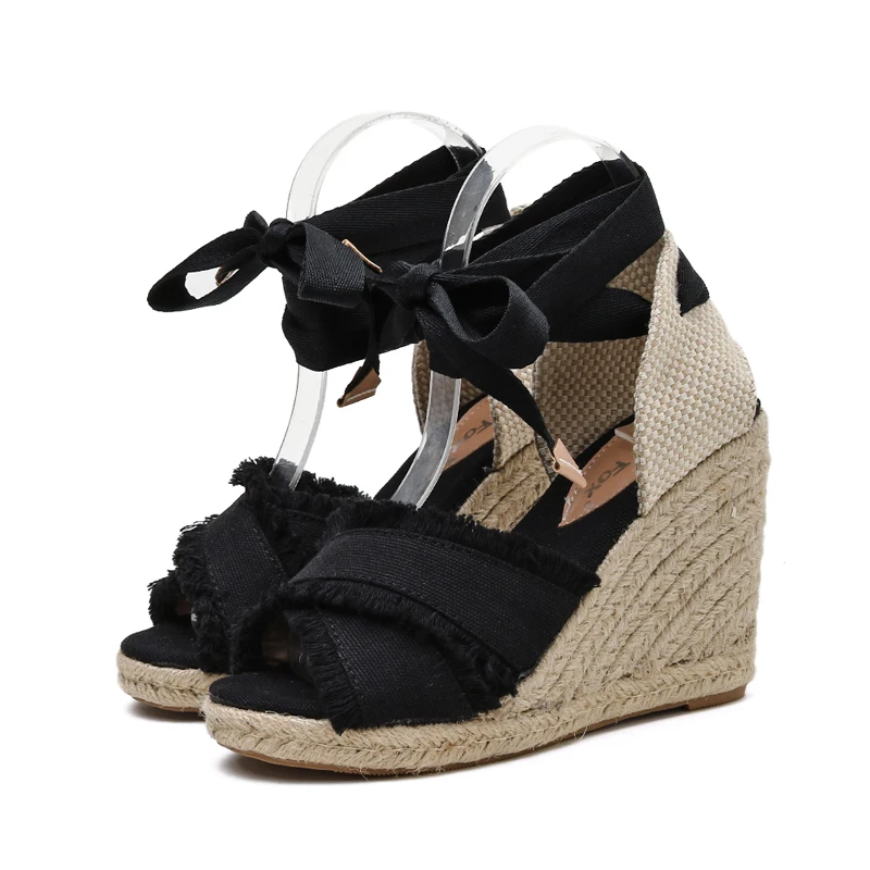 Женские сандалии на танкетке с ремешками и пеньковой веревкой лето | Обувь