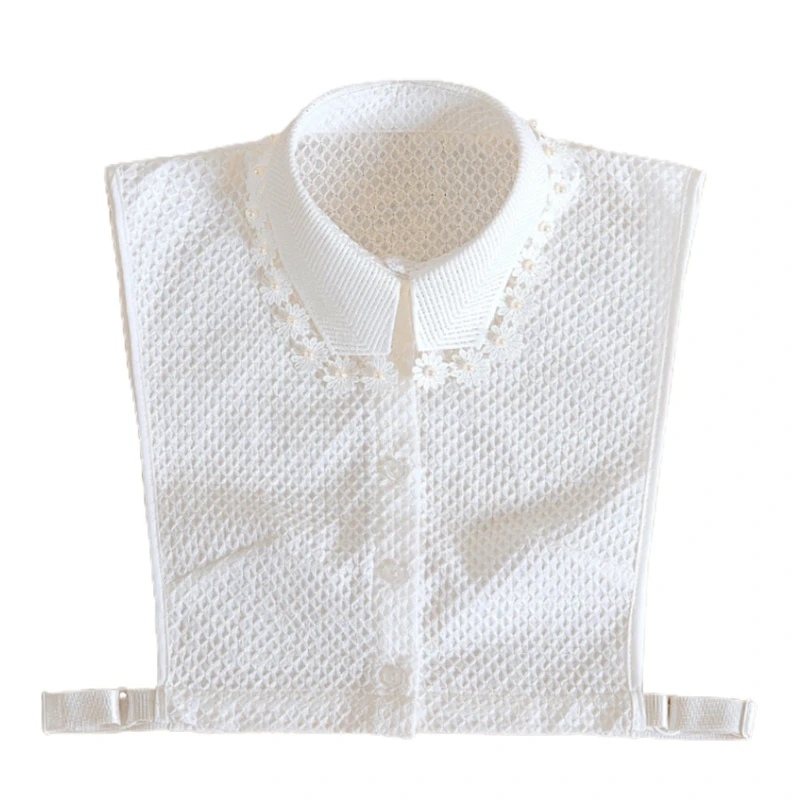 

Women Pearl Floral Embroidery Lapel False Collar Elegant Jacquard Plaid White Half Shirt Blouse Office Lady Detachable Dickey
