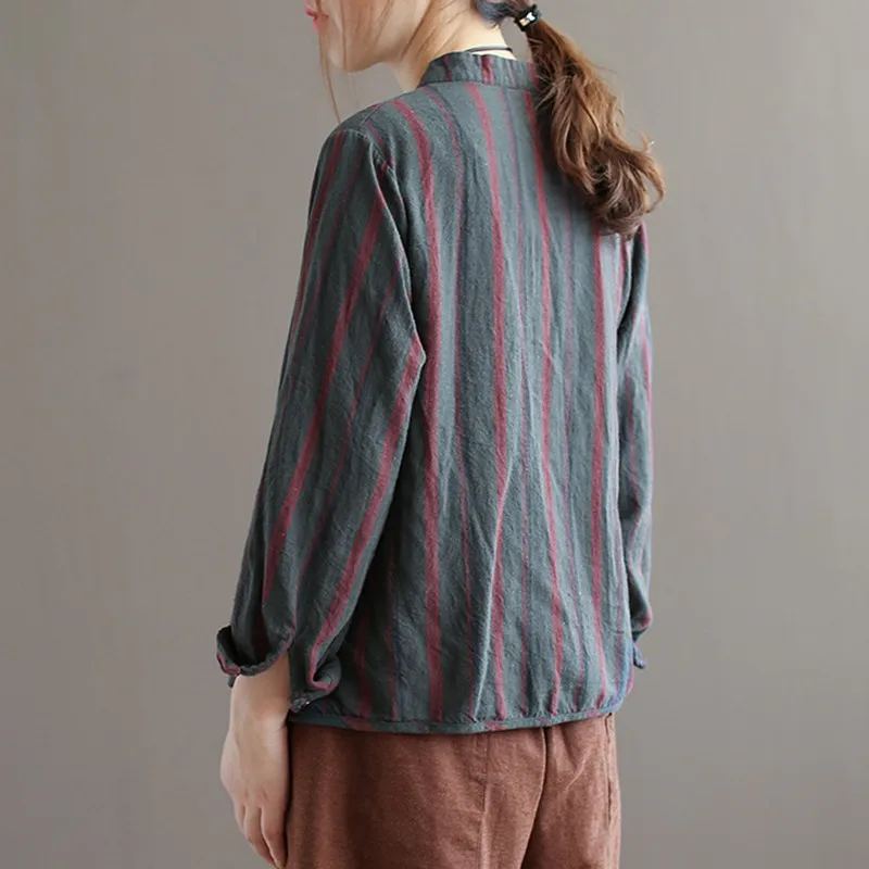 

Women Cotton Linen Short Jackets New 2020 Autumn Arts Style Vintage Striped Female Long Sleeve Casual Outerwear Coats P1560