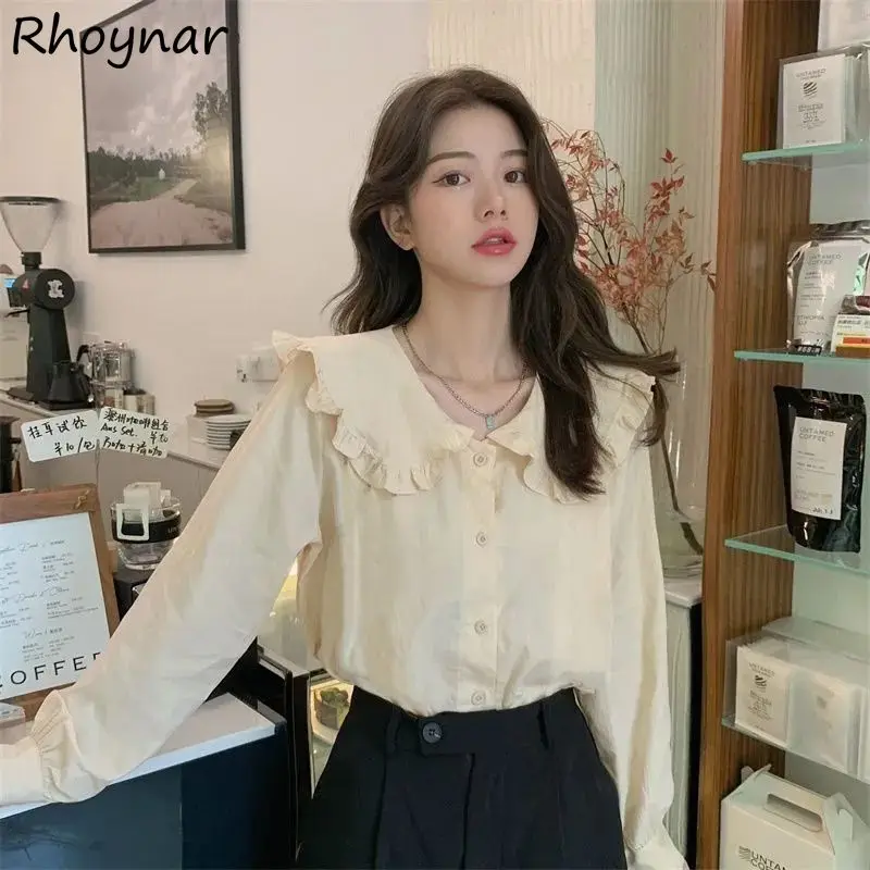 

Shirts Women Solid Baggy Leisure Elegant French Style College Peter Pan Collar Autumn New Stylish Simple Cozy Ins Camisas Mujer