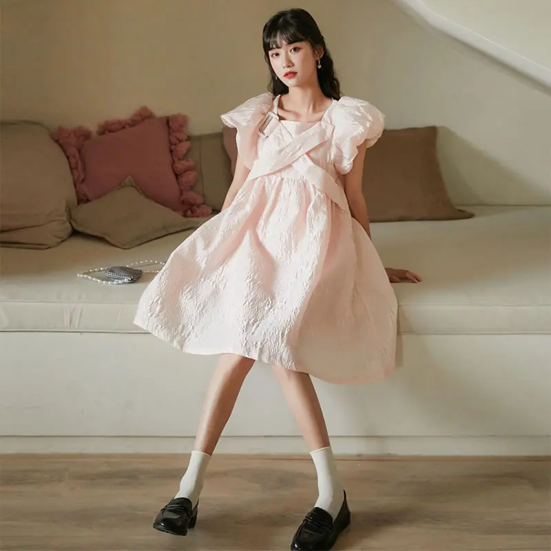 Женское жаккардовое платье XITAO розовое с тиснением рукавами-фонариками и