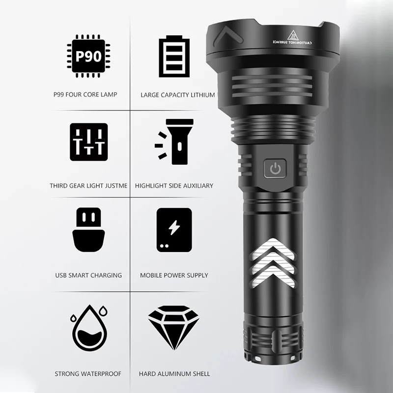

Strong Light USB Long-range Aluminum Tactical Torch Light Portable Lighting XHP90 Multi-function Glare Waterproof Flashlight