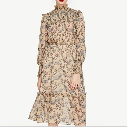 Женское платье трапеция с каскадными оборками длинное средней длины рукавом