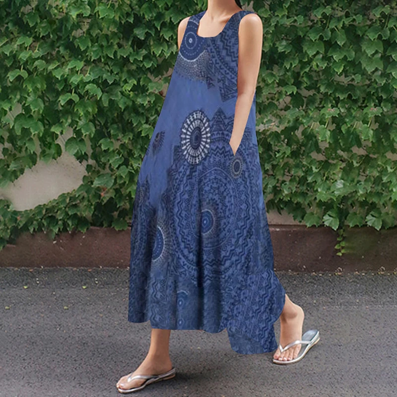 Женское платье праздничные летние без рукавов модные вечерние с круглым вырезом