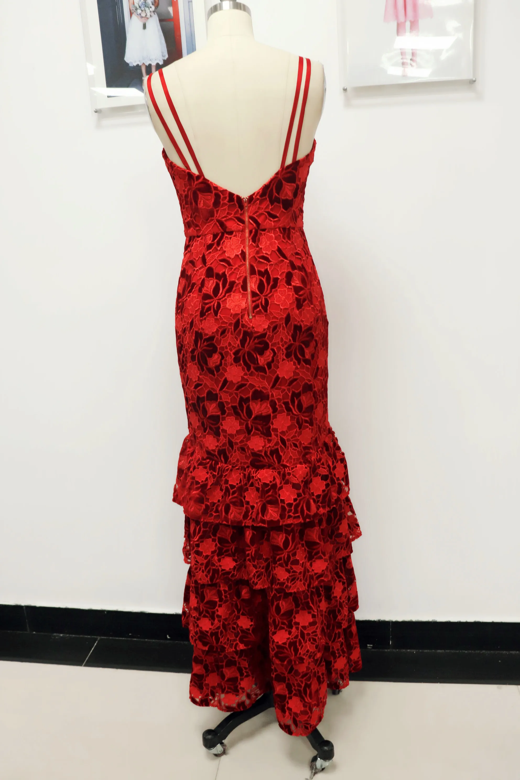 

Fashion tight sexy wedding red color crochet maxi dress spaghetti strap long party evening dress