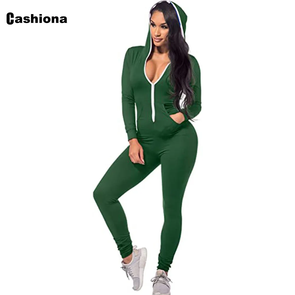 Cashiona Plus size Women Skinny Overalls Hooded Jumpsuits Patchwork Zipper Sexy 2021 European and American style Trouser Romper