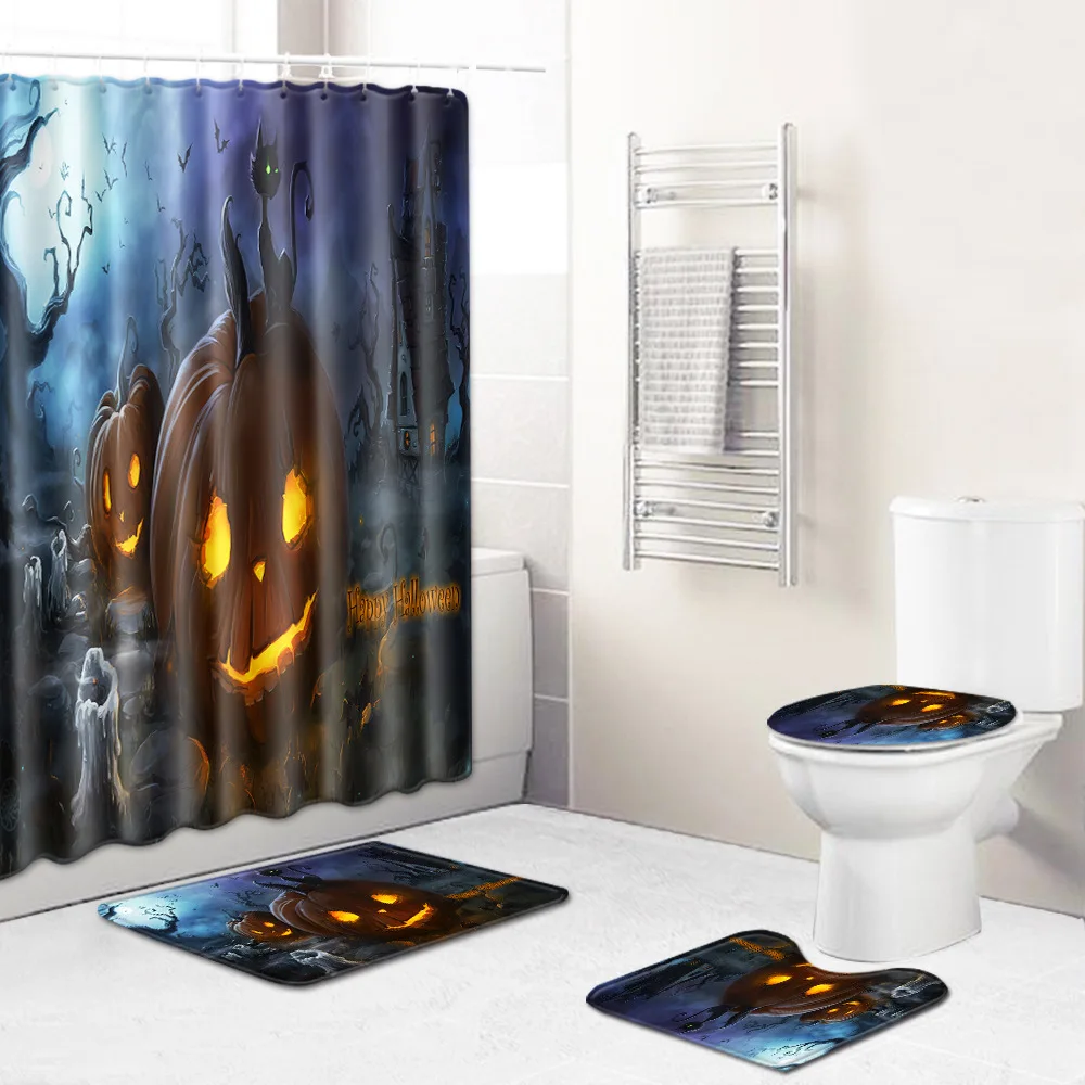 

Zeegle Halloween Christmas Bath Curtain Shower Curtain Bathroom Carpet Set Non-slip Toilet Rug Shower Mat Absorbent Bath Mat Set