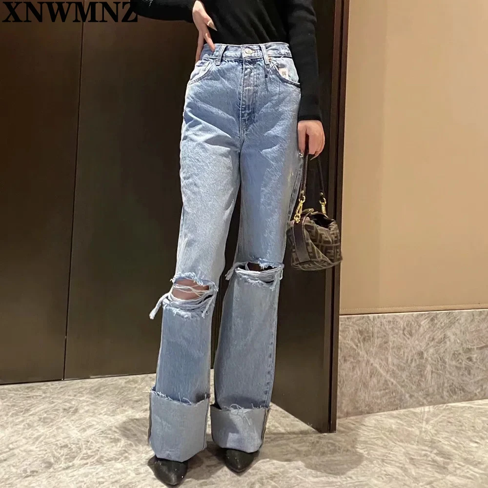 

XNWMNZ 2021 Za Fashion Hight-waise wide-leg full length jeans Vintage Ripped Hole Hi-rise Jeans Zipper Fly Female Trousers Mujer