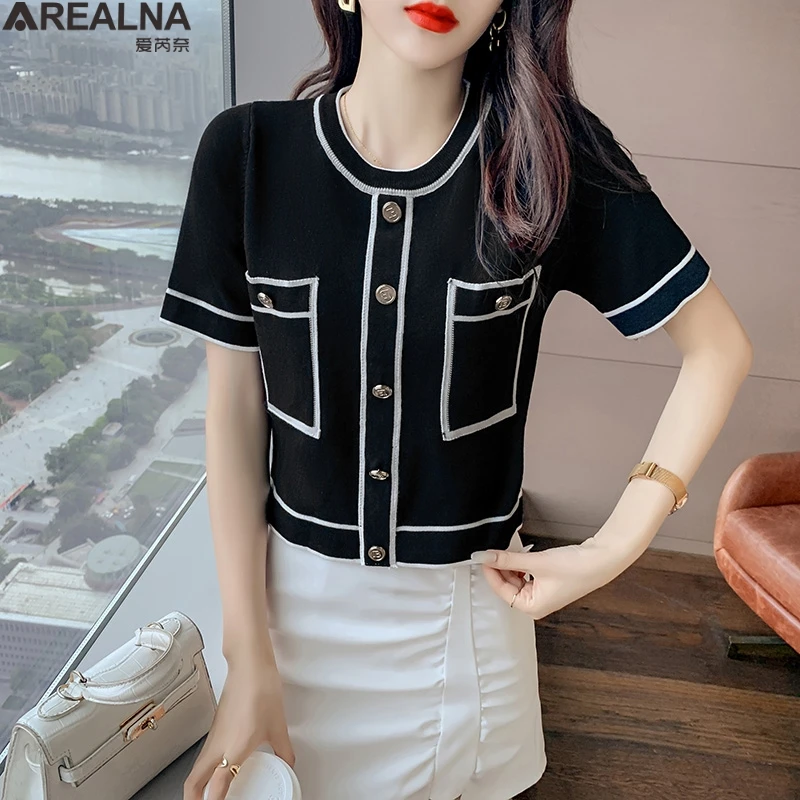 

Kawaii Summer Knitted T-shirt Women's Korean Fashion Lapel Short Sleeve Cardigan Pocket Black White Short Top Design Loose Coat
