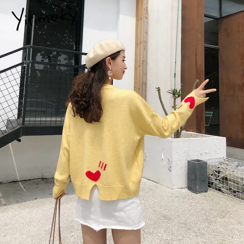 Женские Свитера s 2019 зима сердце вышивка длинный рукав топ с прорезями осенние