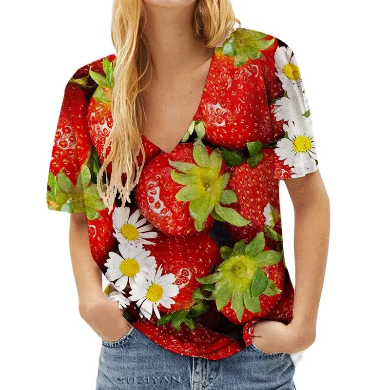 

Женские топы с реалистичным принтом клубники, повседневные женские футболки в стиле Харадзюку с коротким рукавом и 3D принтом фруктов, летня...