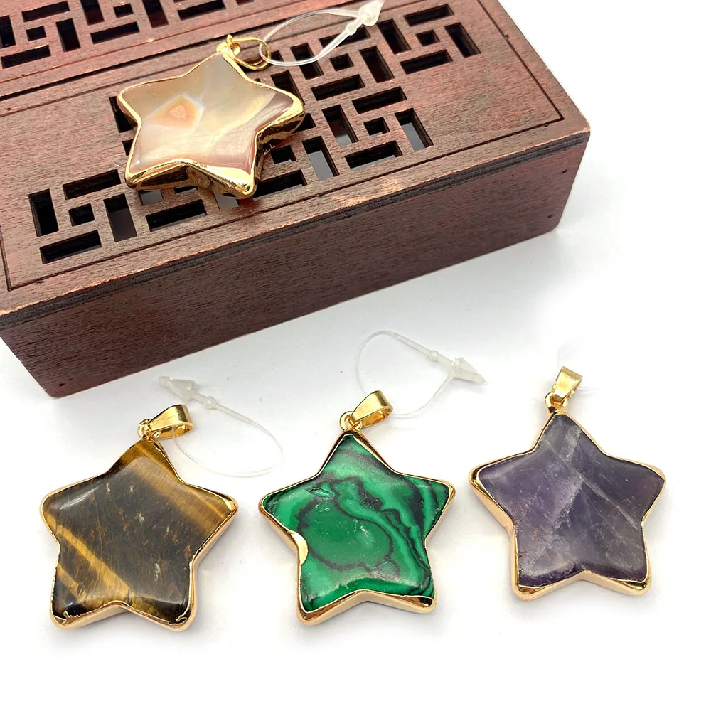 

Natural Stone Pendant Pentagram Malachite Tiger Eye Amethyst Color Chakra Pendant DIY Necklace Jewelry Healing Stone Accessories