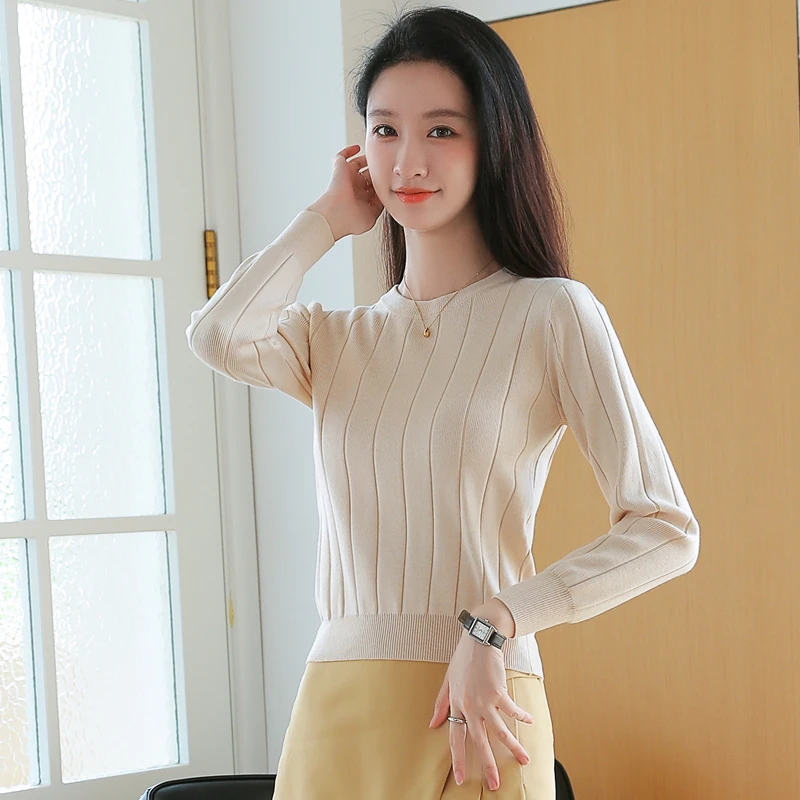 

Осенне-зимние женские свитера, новинка, Топ с длинным рукавом, повседневный облегающий модный однотонный трикотажный топ для девушек с О-об...