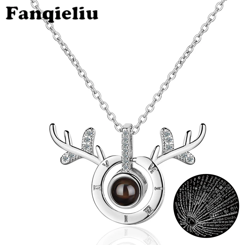 

Fanqieliu Projection One Hundred Languages I Love You Pendant Necklace For Women Reindeer Horns Crystal Wedding Jewelry FQL20037