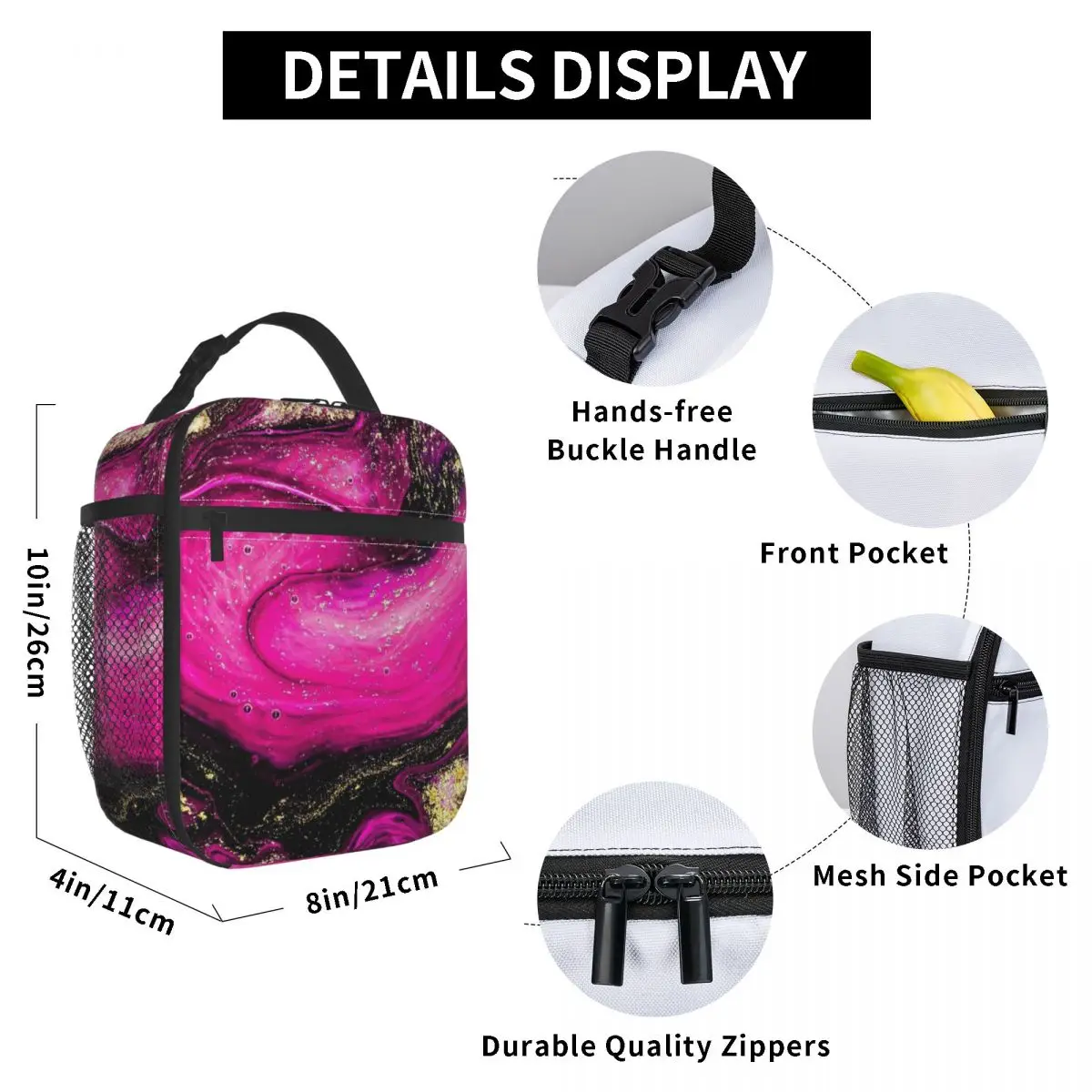 

Fuchsia And Gold Colors Lunch Bag for Women Men Large Insulated Lunch Box with Water Bottle Holder and Pockets