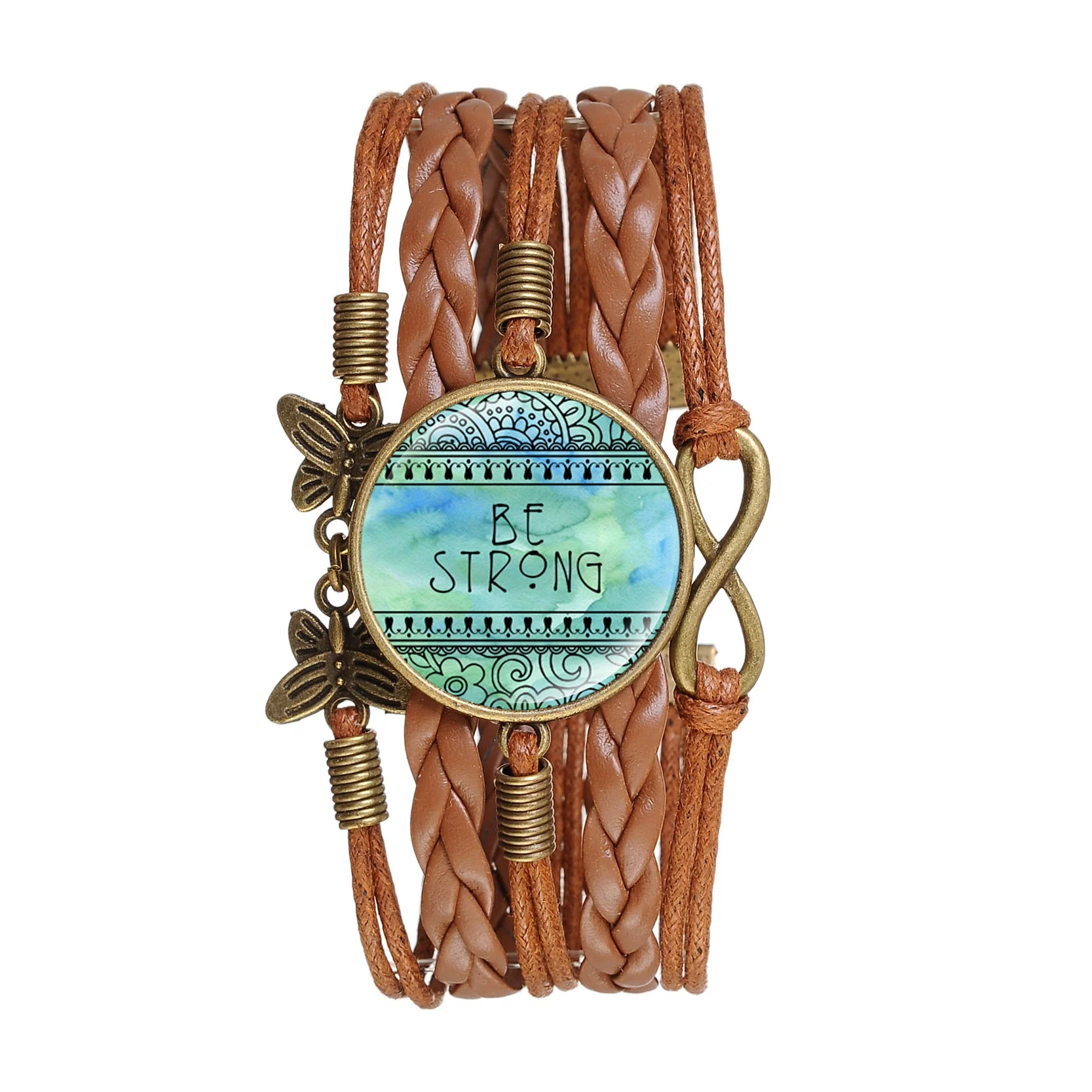 Женский кожаный браслет ручной работы коричневый с подвеской из закаленного