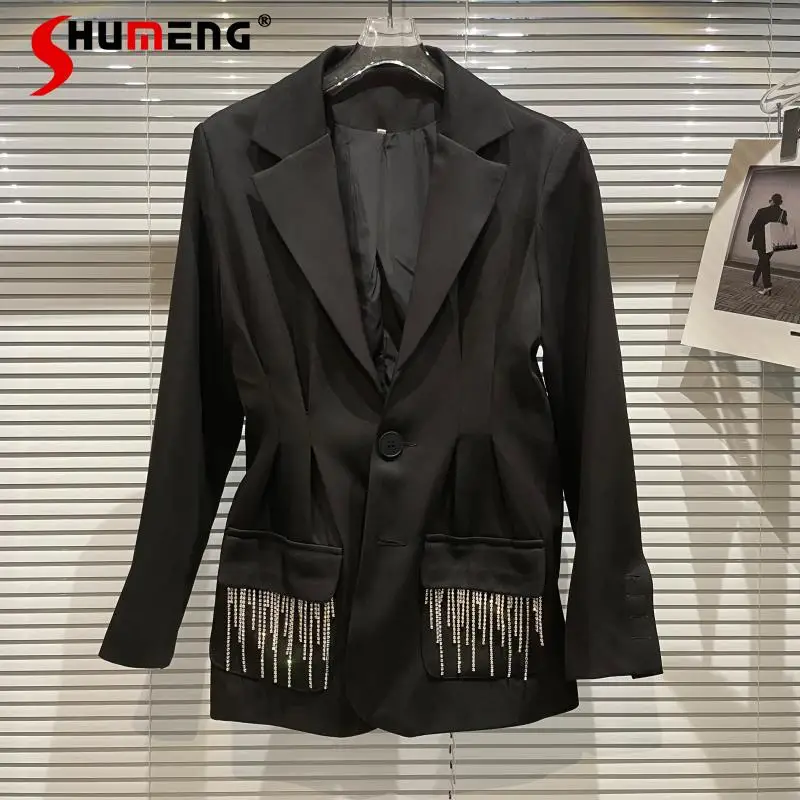 

2021 New Autumn Female Rhinestone Chain Model Slim Waist Office Lady Suit Women Fashion Simple Solid Beading Long Sleeve Blazer