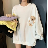 womens loose pullover 2021 korean style solid color wild round neck sweatshirt fashion creativity bear harajuku female clothes