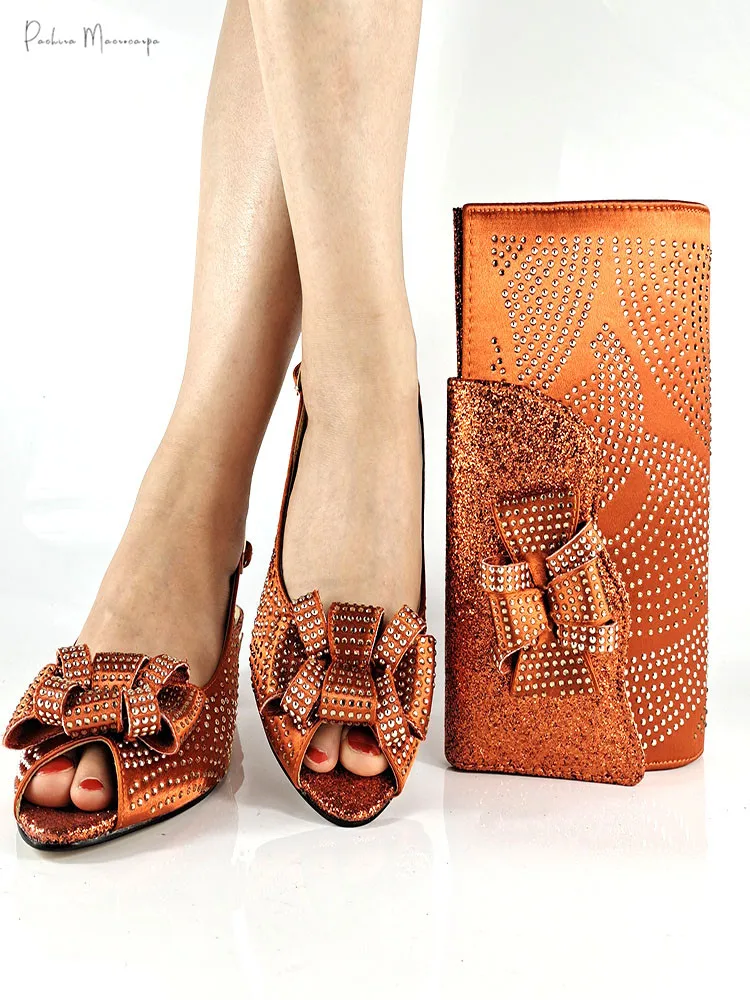 

Italian Design 2021 Newest Orange Color Nigerian Special Narrow Band and Cross-tied Decoration Party Ladies Shoes and Bag Set