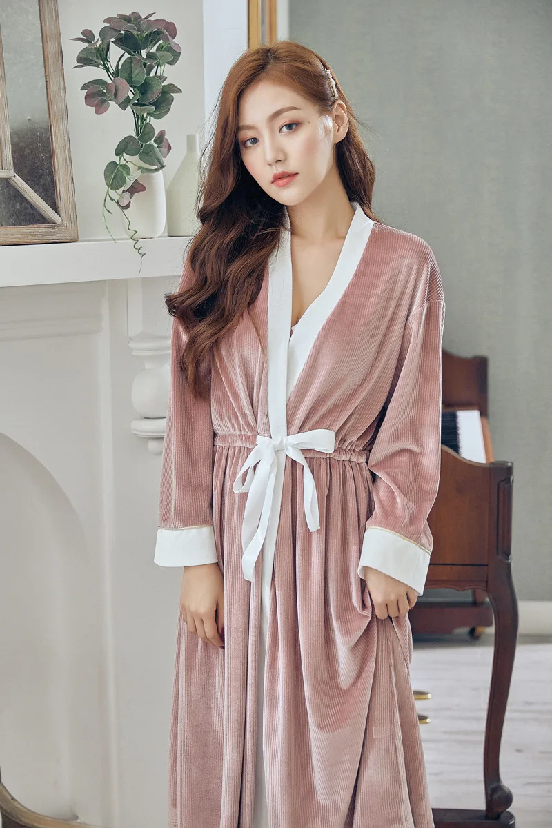 Зимние теплые золотые бархатные женские халаты 2 шт. наборы с длинным рукавом