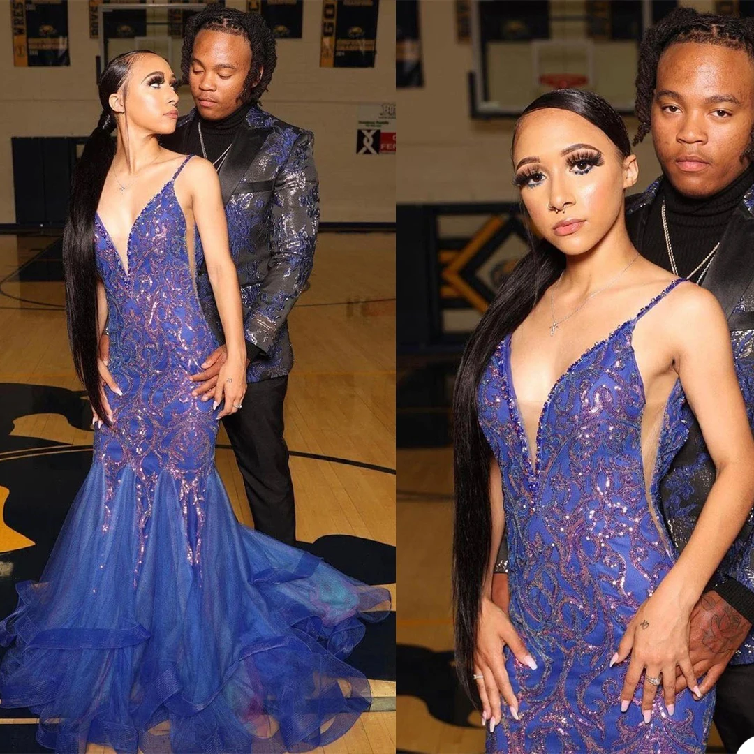 

Arabic Blue Prom Dress Sexy Deep V Neck Sequins Lace Appliques Mermaid Evening Gowns Sweep Train Special Occasion Dresses