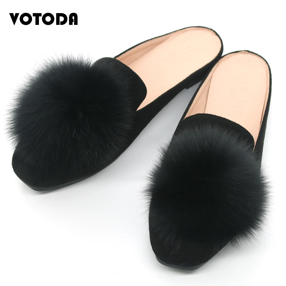 Real Fox Fur Slippers Women Velvet Mules Shoes Fluffy Furry Fur Slides Cute Pom Fur Mule Ladies Flat Casual Slip On Loafer Shoes images - 6