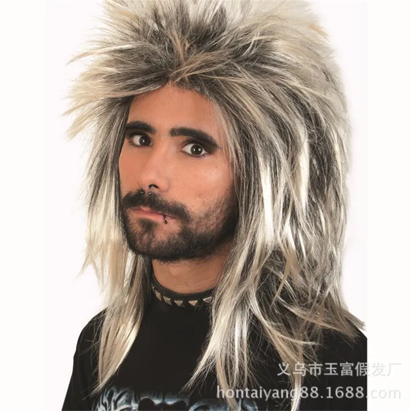 

Мужской парик для косплея рок-звезда с ворсом, дешевый, цвет черный/шампань, длинный, длиной 45 см