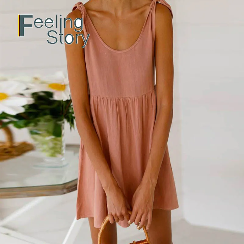 Платье женское с круглым вырезом льняное мини-платье из хлопка и льна милое