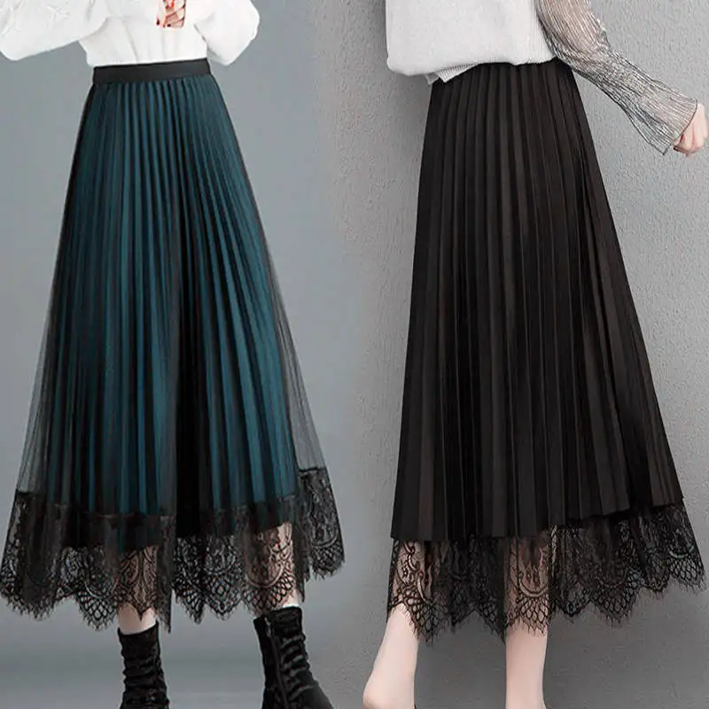 

Pleated Skirt Women's Autumn and Winter High Waist Lace Gauzy Skirt Skirt Long Slim Fit Woman Skirts Mujer Faldas Saias Mulher