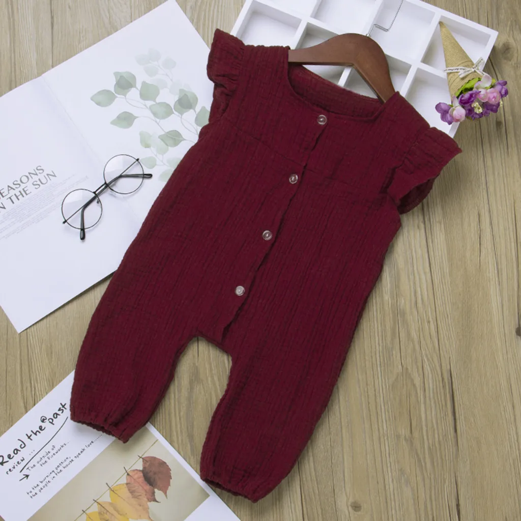 Детский однотонный комбинезон из хлопка и льна с рукавами фонариками оборками