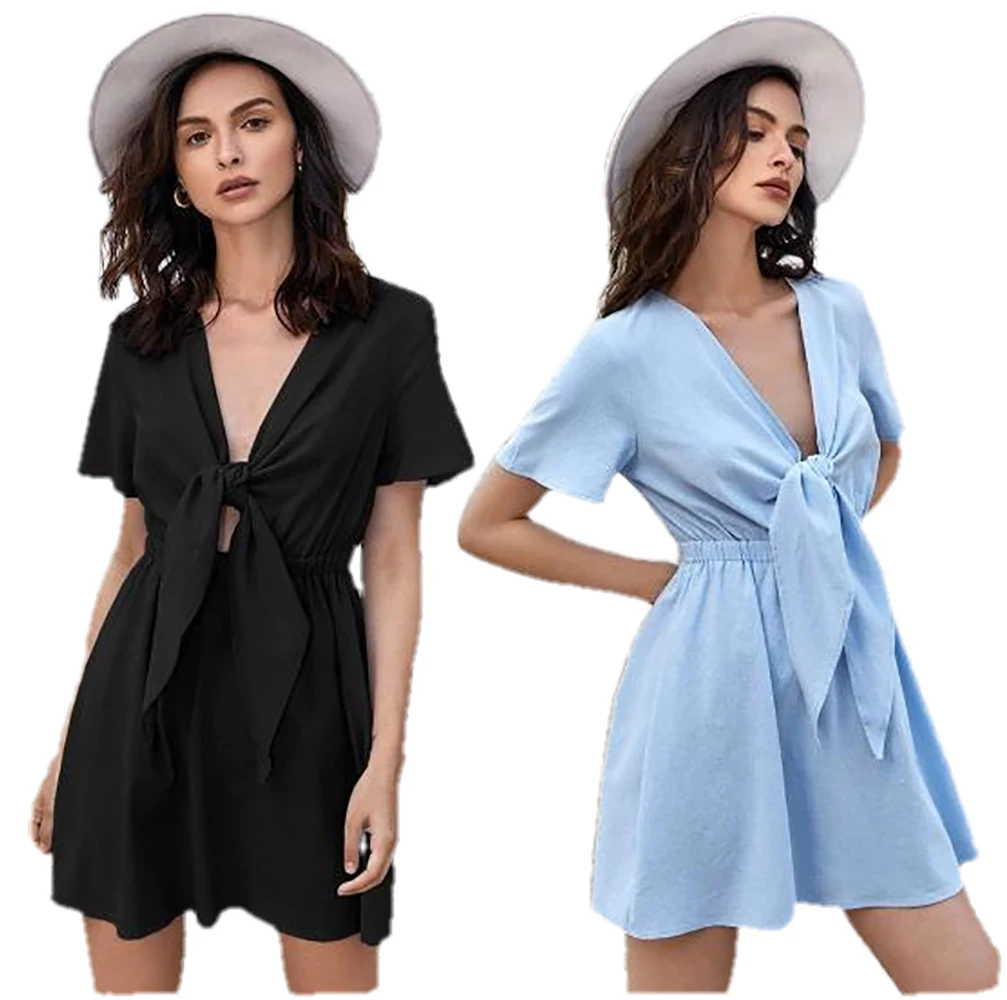

Women's dress 2021 summer new fashion sexy bandage bow casual solid color A-line skirt temperament short sleeve cotton dress y2k