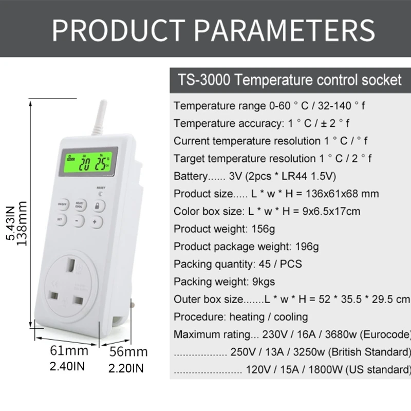 

Wireless Thermostat Timer Switch Socket, Programmable Wireless Temperature Controller w/ Digital LCD Display LXAC