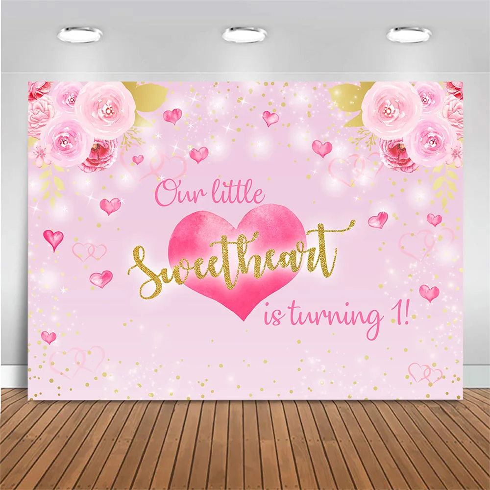 

Mocsicka Our Sweetheart Is Turning One Backdrop Pink Heart Flower Glitter 1st Birthday Party Photo Background for Photo Studio