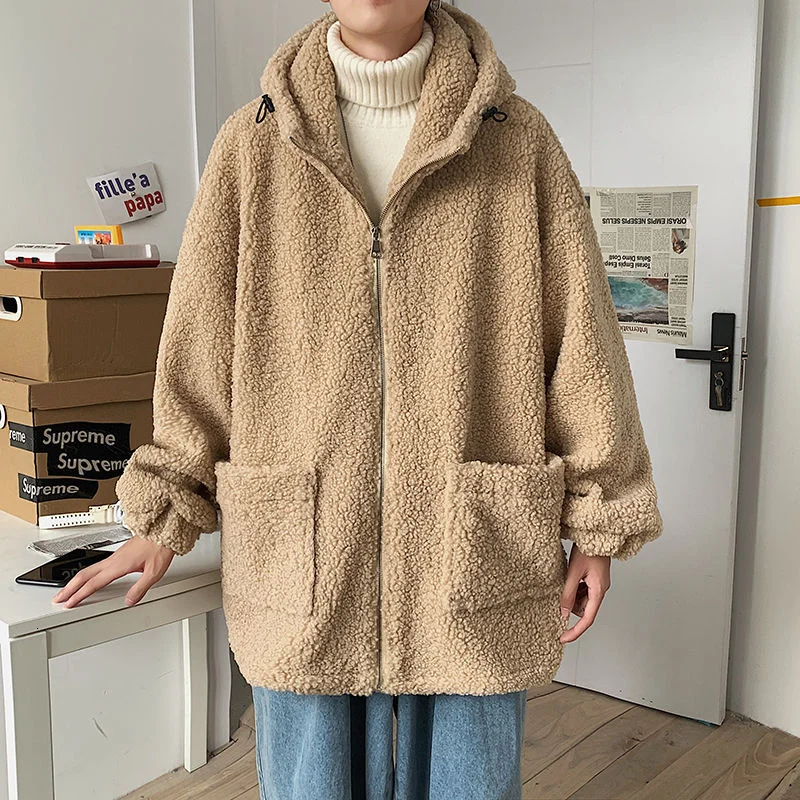 

Woolen Jacket Parkas Hong Kong Style Loose Plush Outwewears For Man Winter Men's Harajuku Parka Coats Male Streetwear Hip Hop